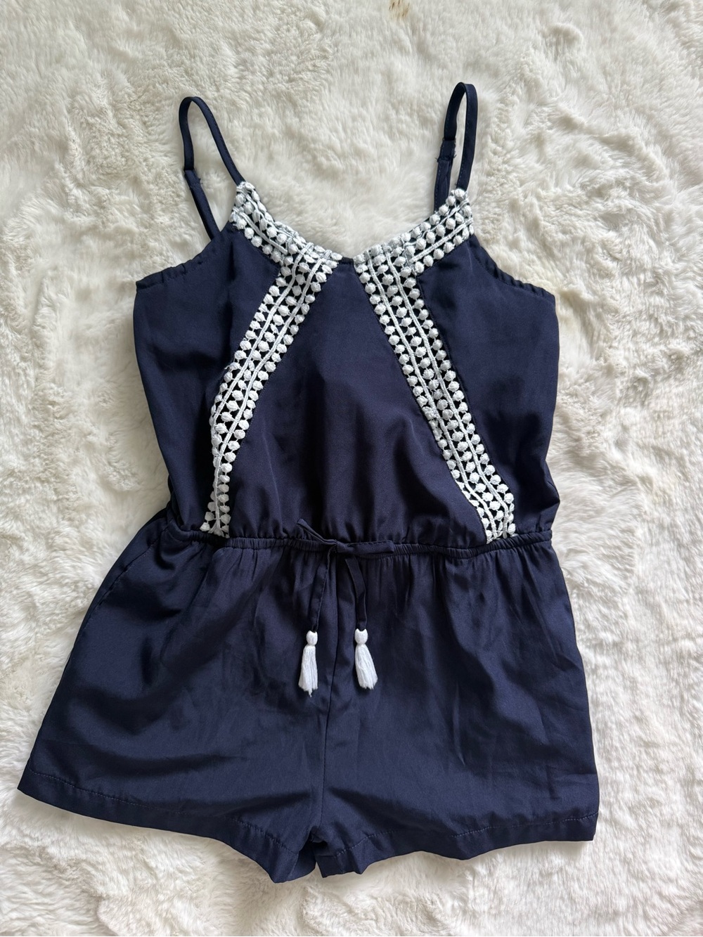 Girls Navy Romper with White Trim - Sleeveless Jumpsuit